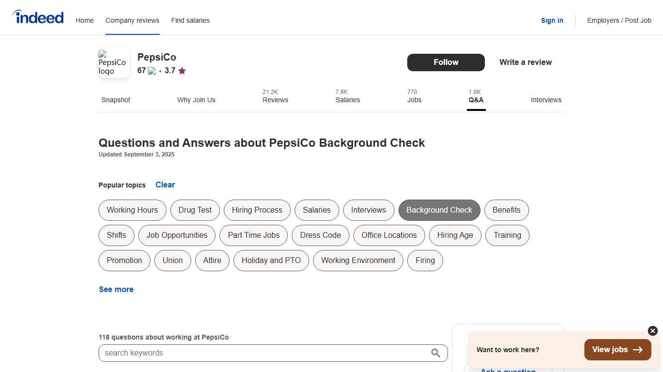 Questions and Answers about PepsiCo Background Check Indeed.com