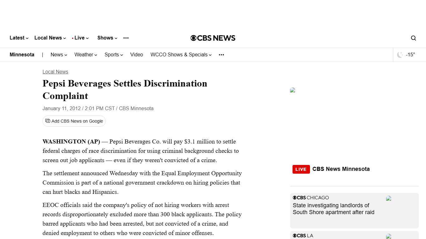 Pepsi Beverages Settles Discrimination Complaint - CBS Minnesota